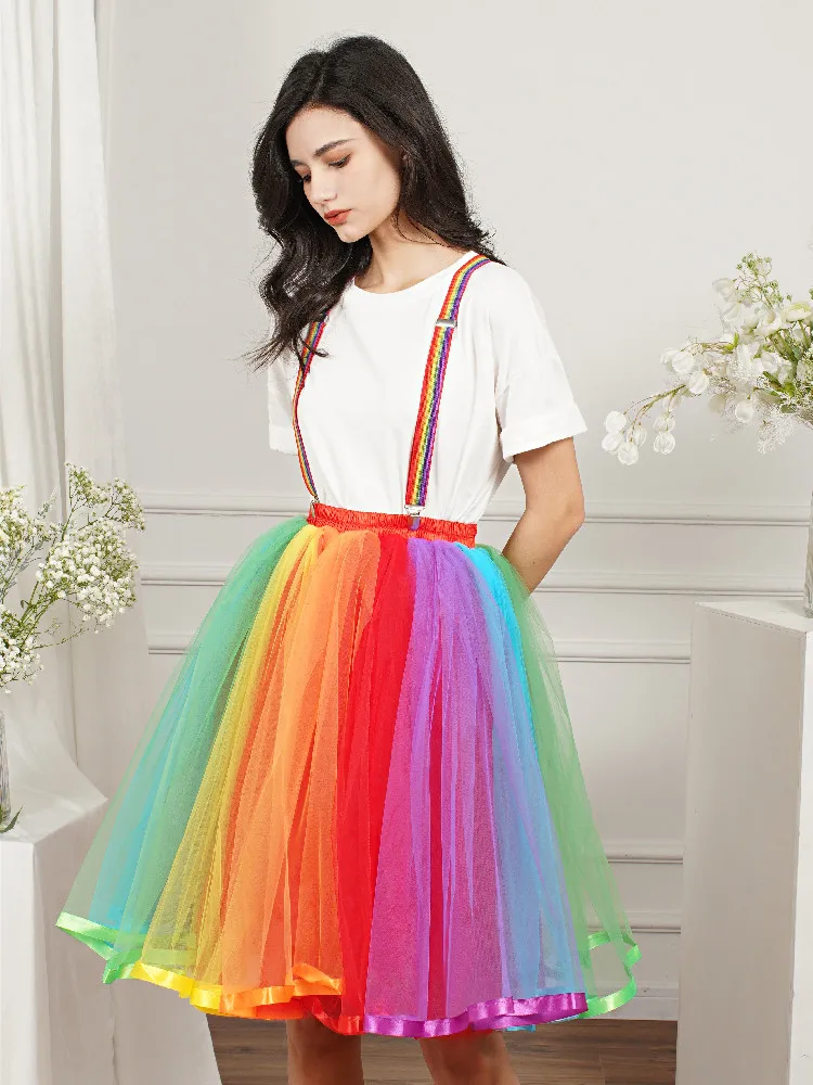 Jupe courte Tutu arc-en-ciel pour femmes, 5 couches, en Tulle doux, Costumes de Cosplay pour filles, jupes en maille, haute bande élastique, cadeau