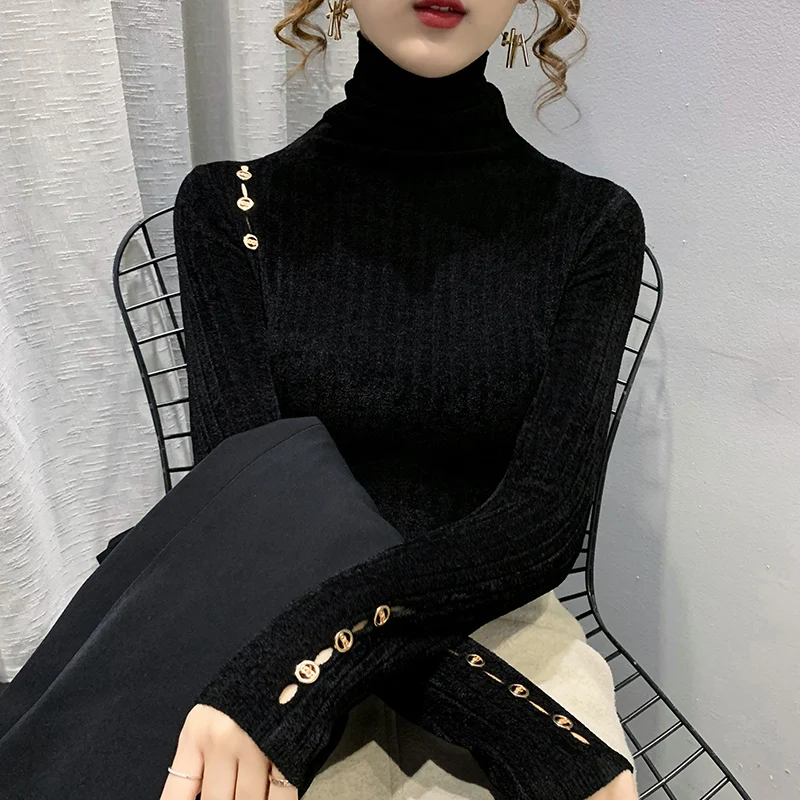 

Knitwear Women's Thickened Warm Pullover Turtleneck Solid Color Sweater Autumn Winter Bottoming Shirt Button Decoration Slim Fit