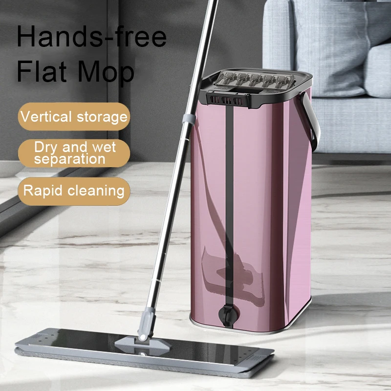 Hand Free Flat Floor Mop And Bucket Set For Home Floor Cleaning System With Washable Microfiber Pads Stainless Steel Barrel Body