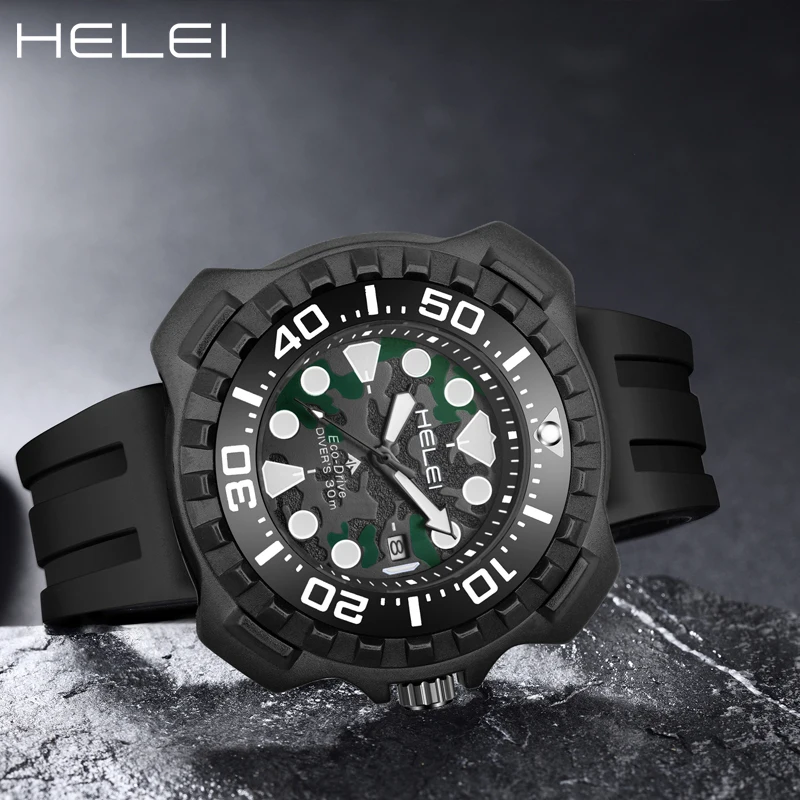 HELEI Men's Quartz Wristwatch Helmsman Collection Silicone Strap Luminous Hand Window Irregular Case Waterproof Wristwatch