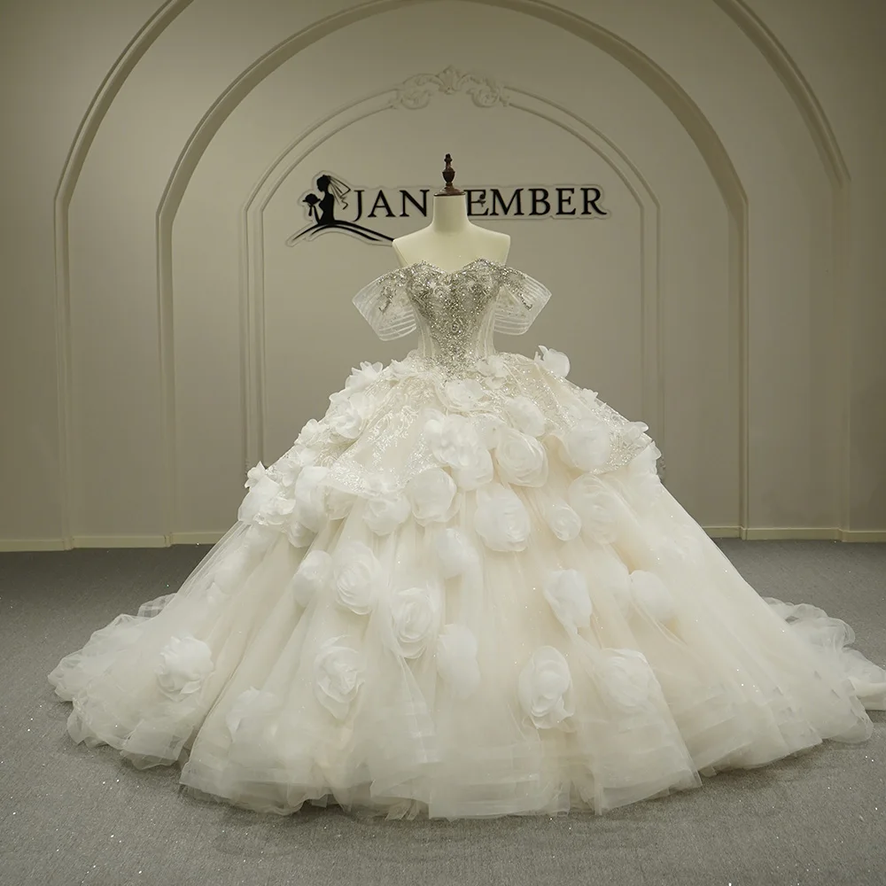 

Elegant Pearls Scoop Wedding Dress Princess Women Lace up Back Bride Dresses Court Train Ball Gown Customized robe de mariée
