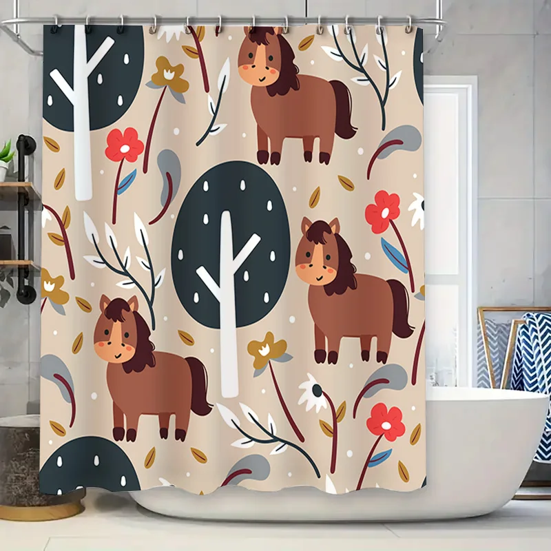 

Charming Animal Print Shower Curtain for Bath Decor: Autumn Horse Design with Leaves and Flowers Neutral Color Bathroom Accessor