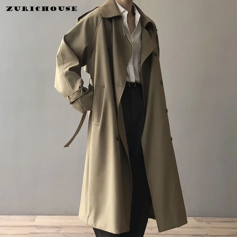 Casual Lace-up Long Trench Coats for Women Spring Autumn 2025 New High-end Solid Simple Double Breasted Windbreaker Outerwear