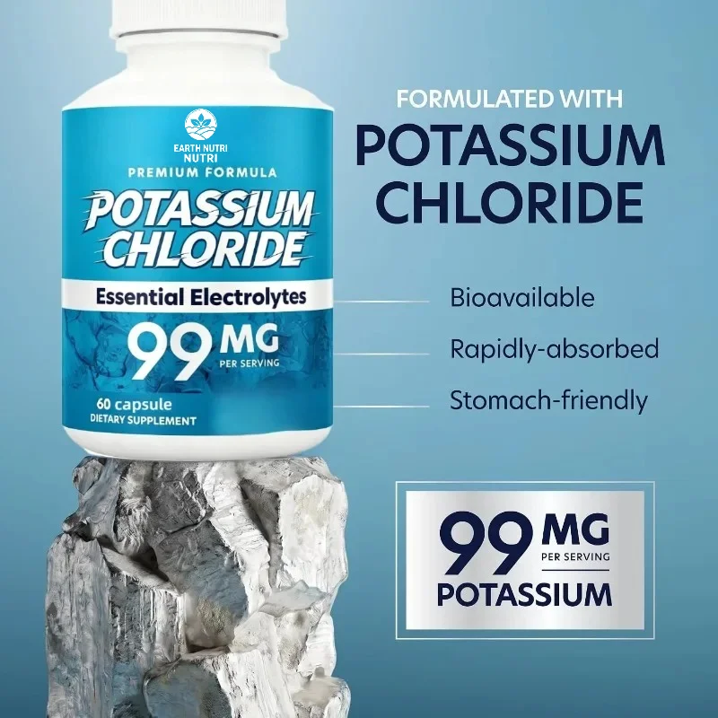 Potassium Chloride Supplement Contains 99mg of Potassium Per Serving, Digestive Health Support -60 Capsules
