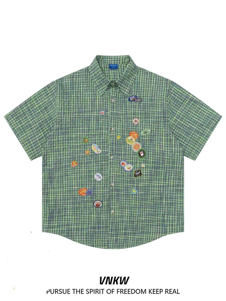 

Летняя американская ретро-футболка с вышивкой в стиле спортсмена, клетчатая, с узором, для пар, в стиле колледж, мужская и женская