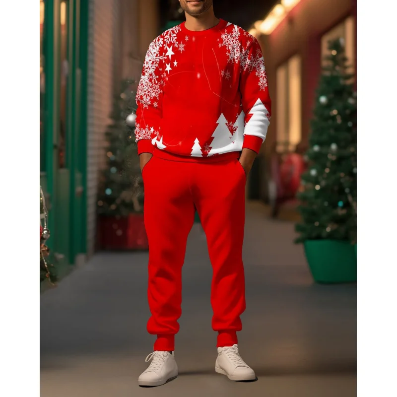 2024New Men\'s Suit Christmas Festival Clothing3DPrinted round Neck Long Sleeve and Trousers Two-Piece Set Fashion Men\'s Clothing