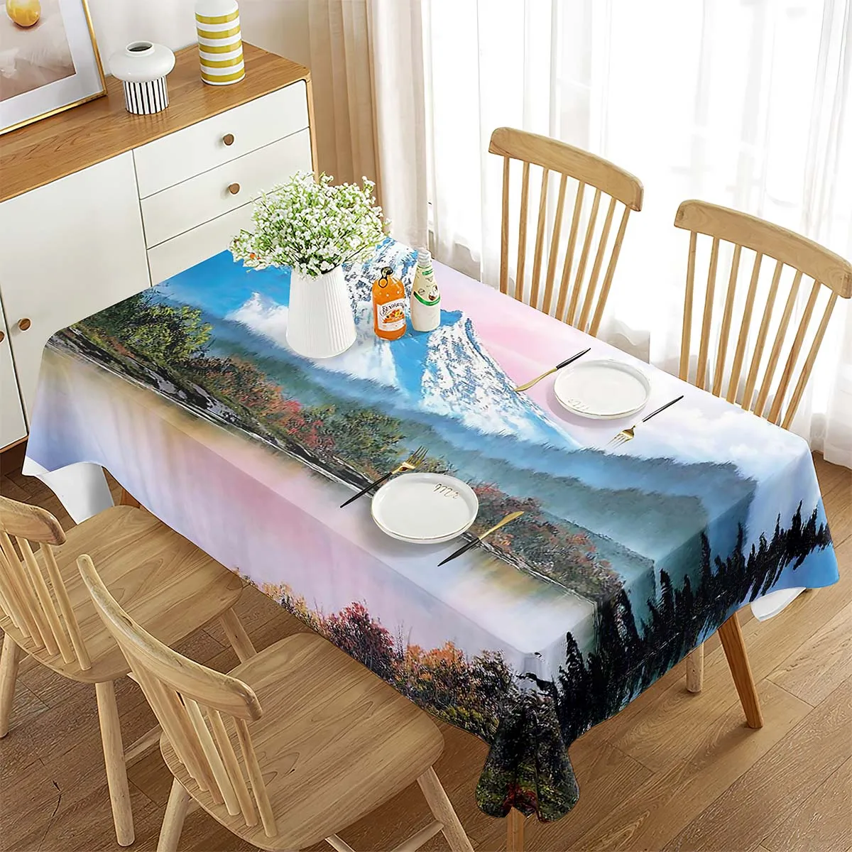 Mountain and River Impression Painting Tablecloth Rectangular Table Cover for Coffee Table Dining Room Kitchen Living Room Decor