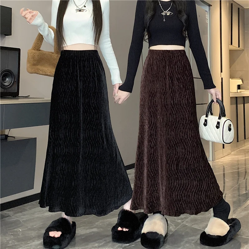 2023 New Auutmn Winter Knitted Long Skirts Womens Fashion Elastic High Waist A-line Maxi Skirt Ladies Elegant Package Hip Skirt