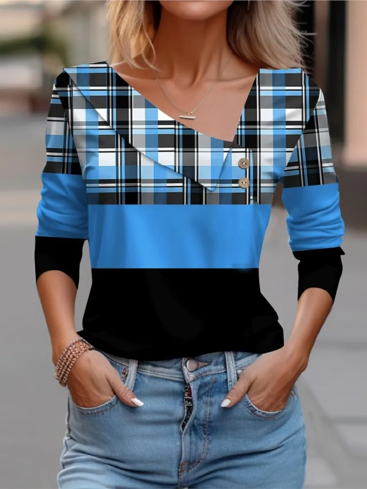 

New Shirts For Women 2024 Striped Print V-Neck Tops Ladies Long Sleeve Temperament Fashion Shirt Commuting Buttons All-match Tee