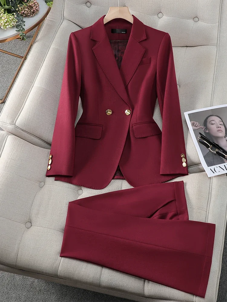 High Quality Blue Red Black White Ladies Pant Suit Women Female Business Work Wear Solid Jacket and Trouser Blazer 2 Piece Set