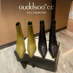 Ods Sexy Elegant Pointed 5cm Slim Heel Cowhide Back Zipper Short Boots European American Slimming Ladies' Temperament Ankle Boot