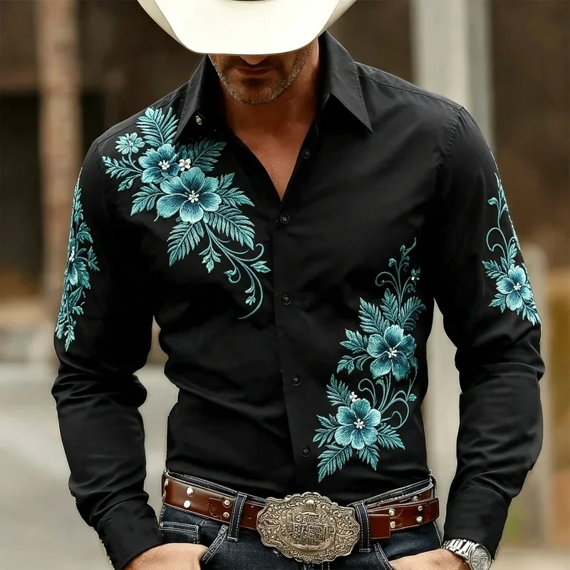 Men's Long Sleeve Rose Floral Print Shirt, Retro Flower Blouse For Club Dating Daily Wear