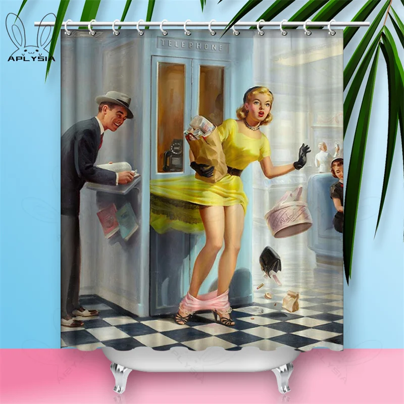 Custom Sexy Girl Hot Breast Shower Curtains European Retro Woman Skirt Dress Daily Waterproof Polyester Fabric Bathroom Curtain