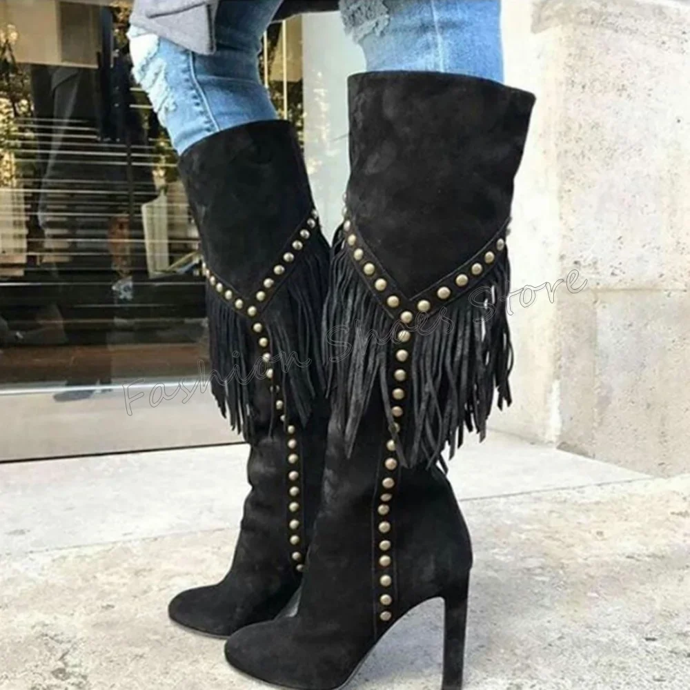 

Black Rivet Decor Tassel Decor Boots Stilettos High Heels High Heel Shoes for Women Fashion Heels 2025 New Zapatos Para Mujere