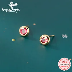 Trustdavis Real 925 Sterling Silver Fashion Round Heart Deer Red CZ Stud Earrings For Women Christmas Gift Fine Jewelry DA196