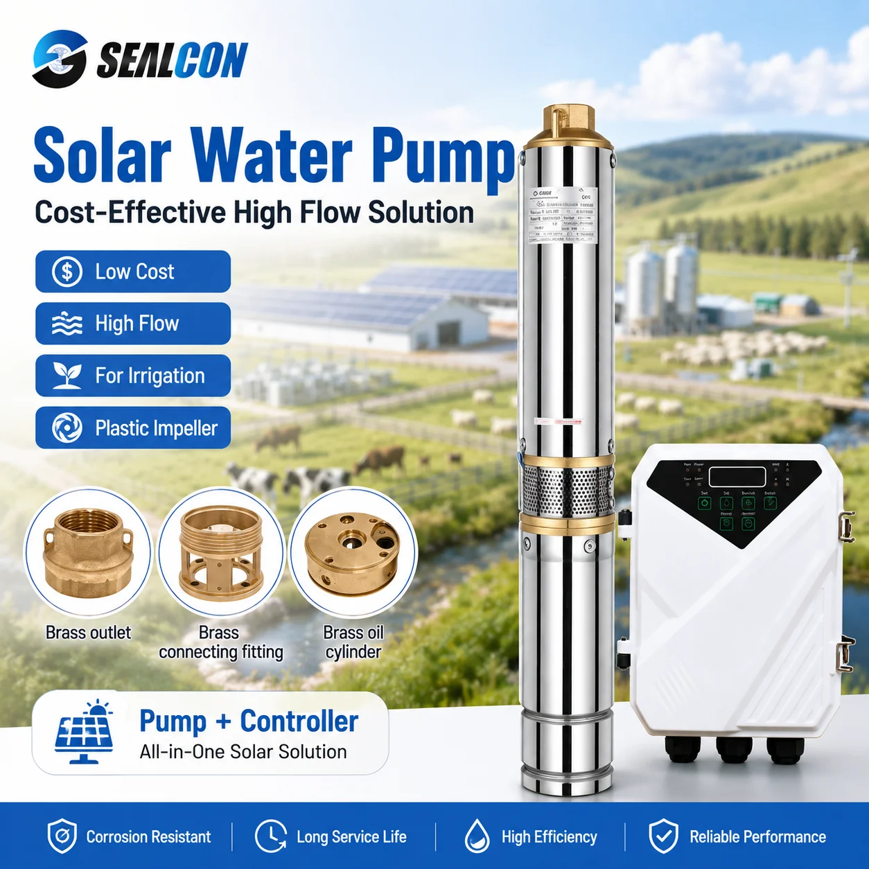High Flow Solar Submersible Deep Well Water Pump Plastic Impeller Cost Effective Solar Pump System for Orchard Irrigation Use