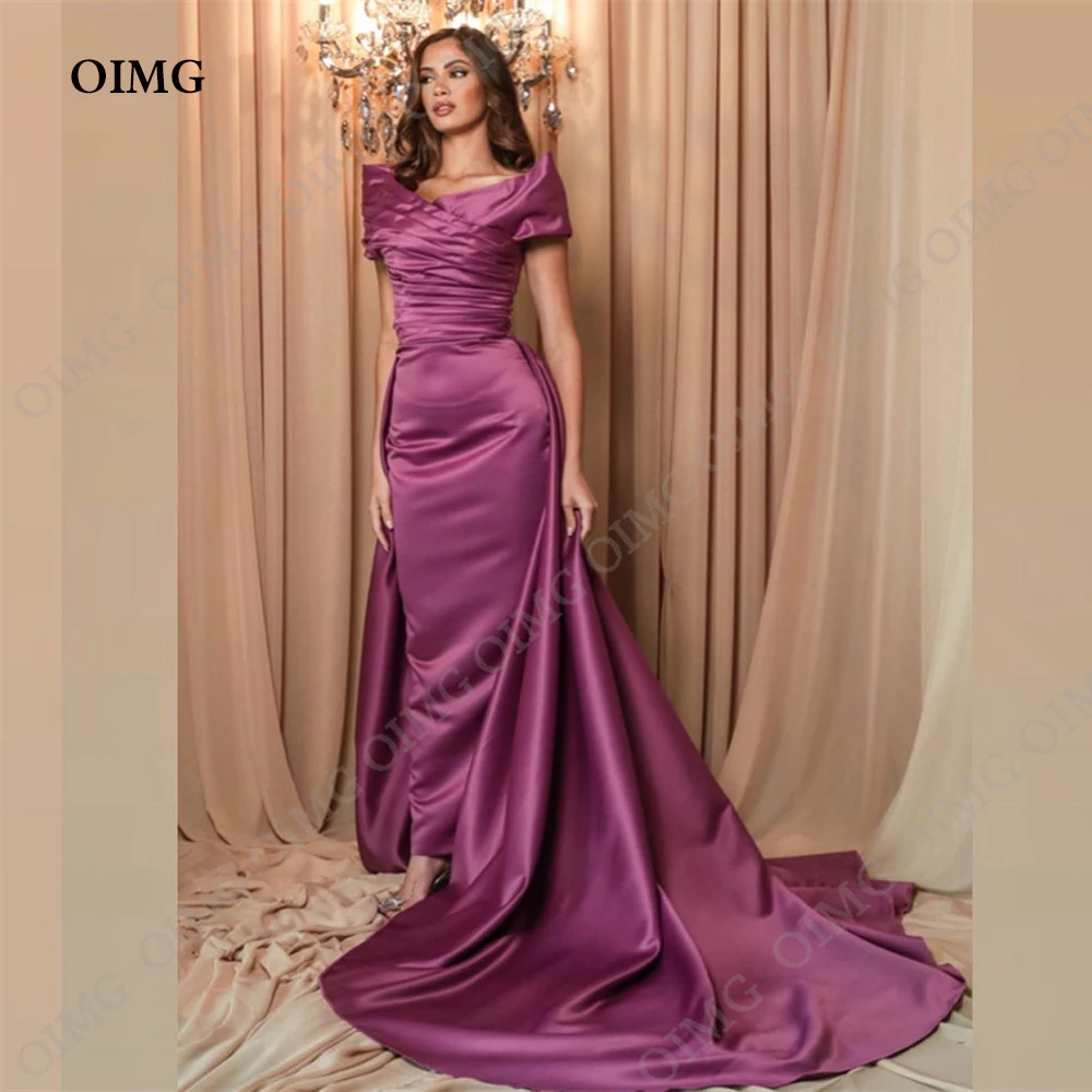 

OIMG Purple A Line Satin Prom Dresses Saudi Arabic Off Shoulder Long Pleats Simple Evening Gowns Women Formal Occasion Dress