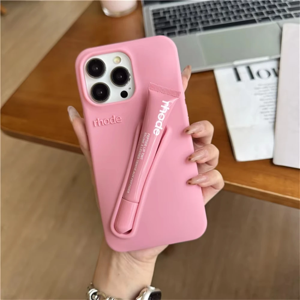 INS Lipstick Silicone DIY Rhode Phone Case For iPhone 16 15 14 13 12 11 Pro Max Plus Portable Lip Gloss Holder Hot Soft Cover