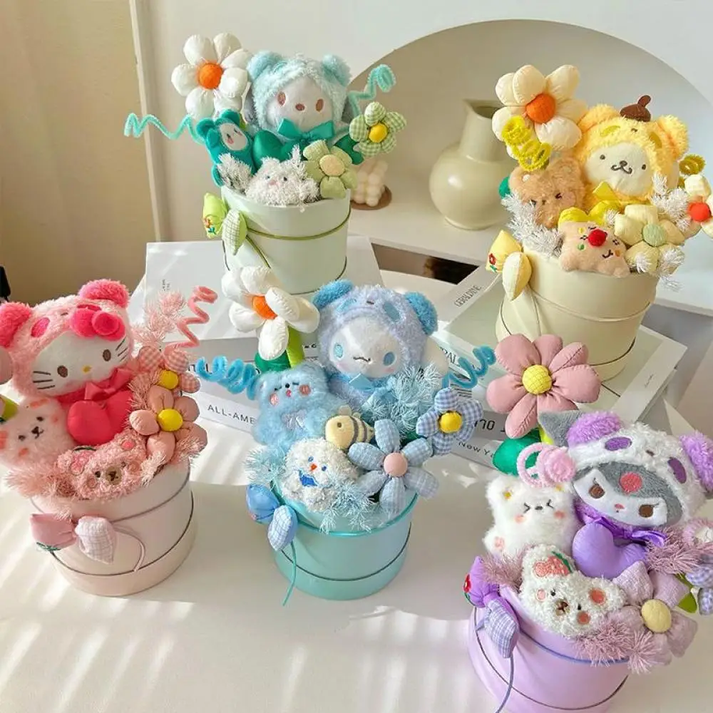 Cartoon Sanrioed Hello Kitty Cylinder Plush Doll Bouquet Anime Kawaii Kuromi Cinnamoroll Girl Birthday Christmas Girlfriend Gift