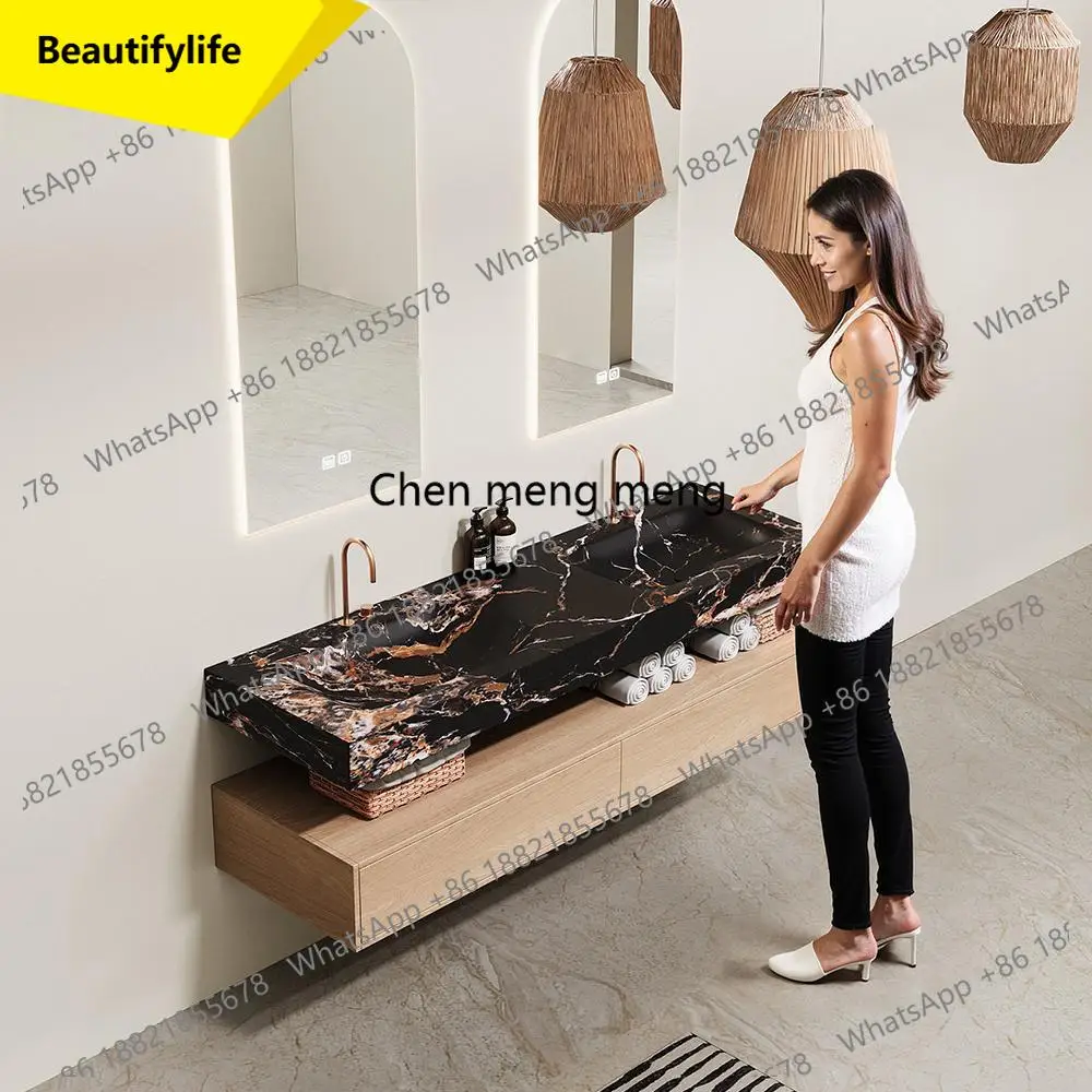 

A53 lauren Black Gold Marble Luxury Stone Thermoforming Double Basin Sink: Integrated Vanity Countertop & Vessel Washbasin