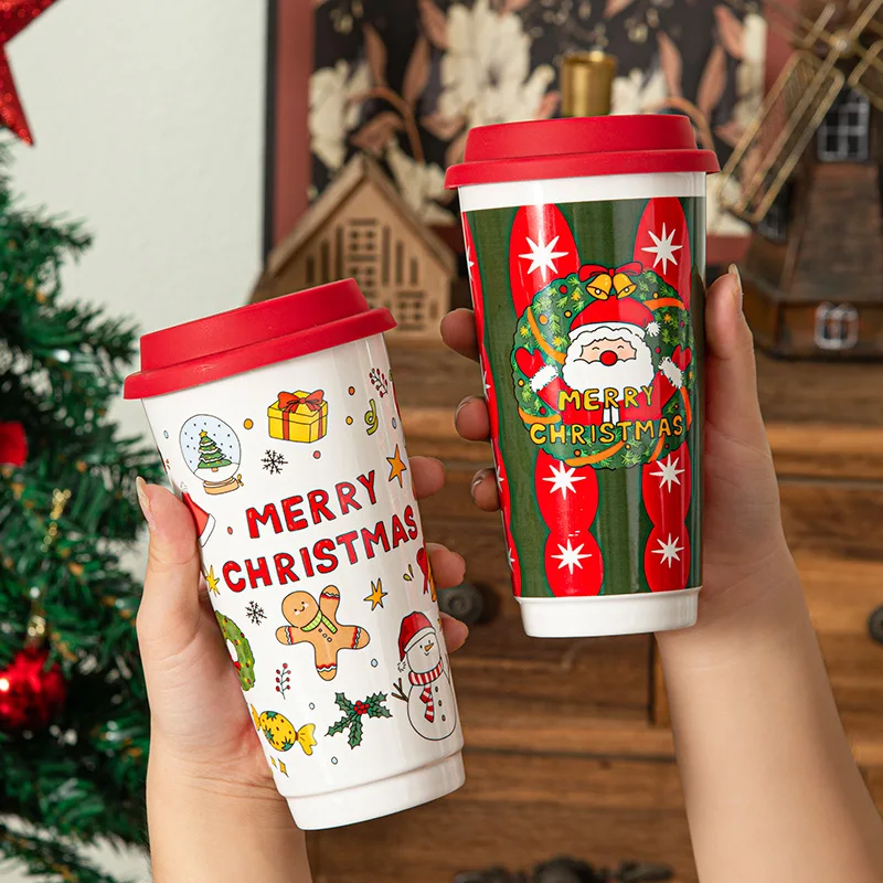 Christmas Coffee Milk Cups Ceramic To Go Takeaway Mug with Lid for Holiday Gift(580ML)