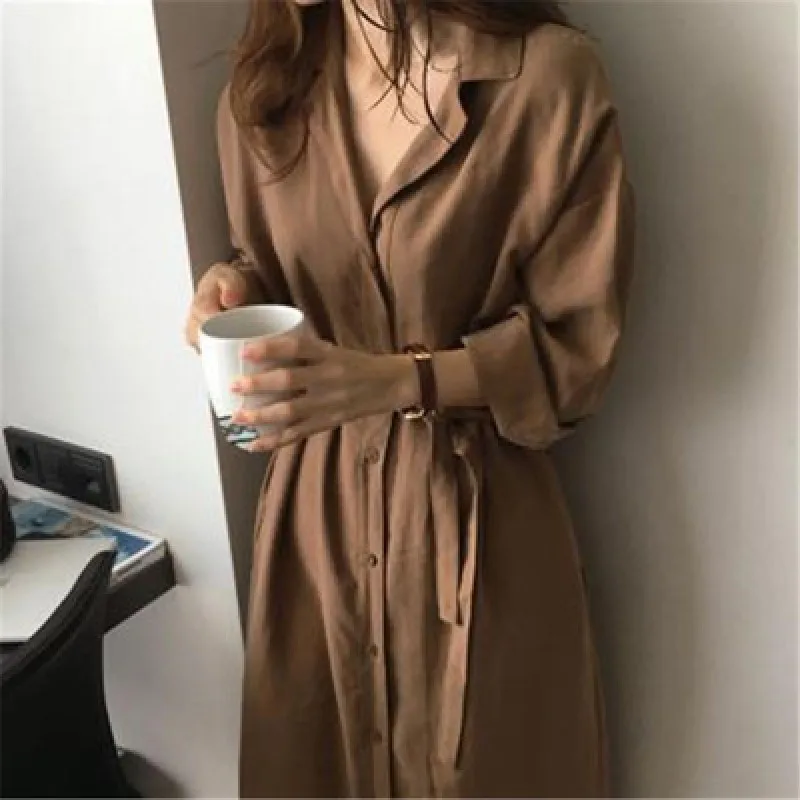 

Autumn 2023 Women's Korean Style Hongwei Loose Coat Belted Waist in Thin Medium Length Windbreaker Jacket Intellectual Style ...