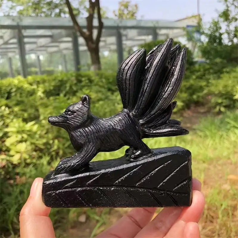 Natural Black Obsidian Nine-tailed Fox Carving Animal Landscaping Healing Reiki Christmas Home Decoration Gift 1pcs