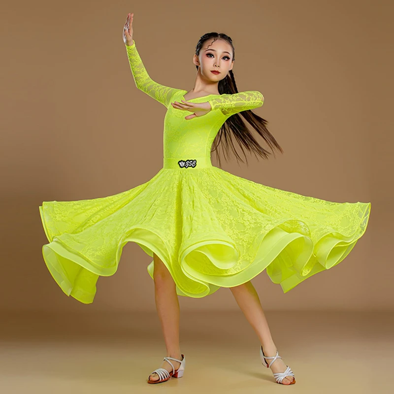 노란색 볼룸 댄스 의상 표준 현대 댄스 정장 소녀 긴 소매 레이스 성능 착용 왈츠 경쟁 드레스 VDL3491