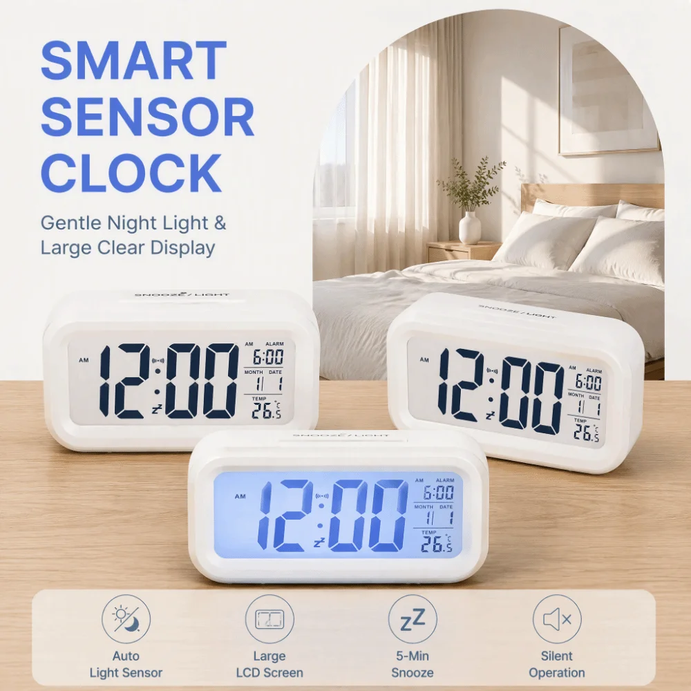 Battery Operated LED Alarm Clock Temperature Display Large LED Display Digital Alarm Clock Snooze Function Auto-Dim Display