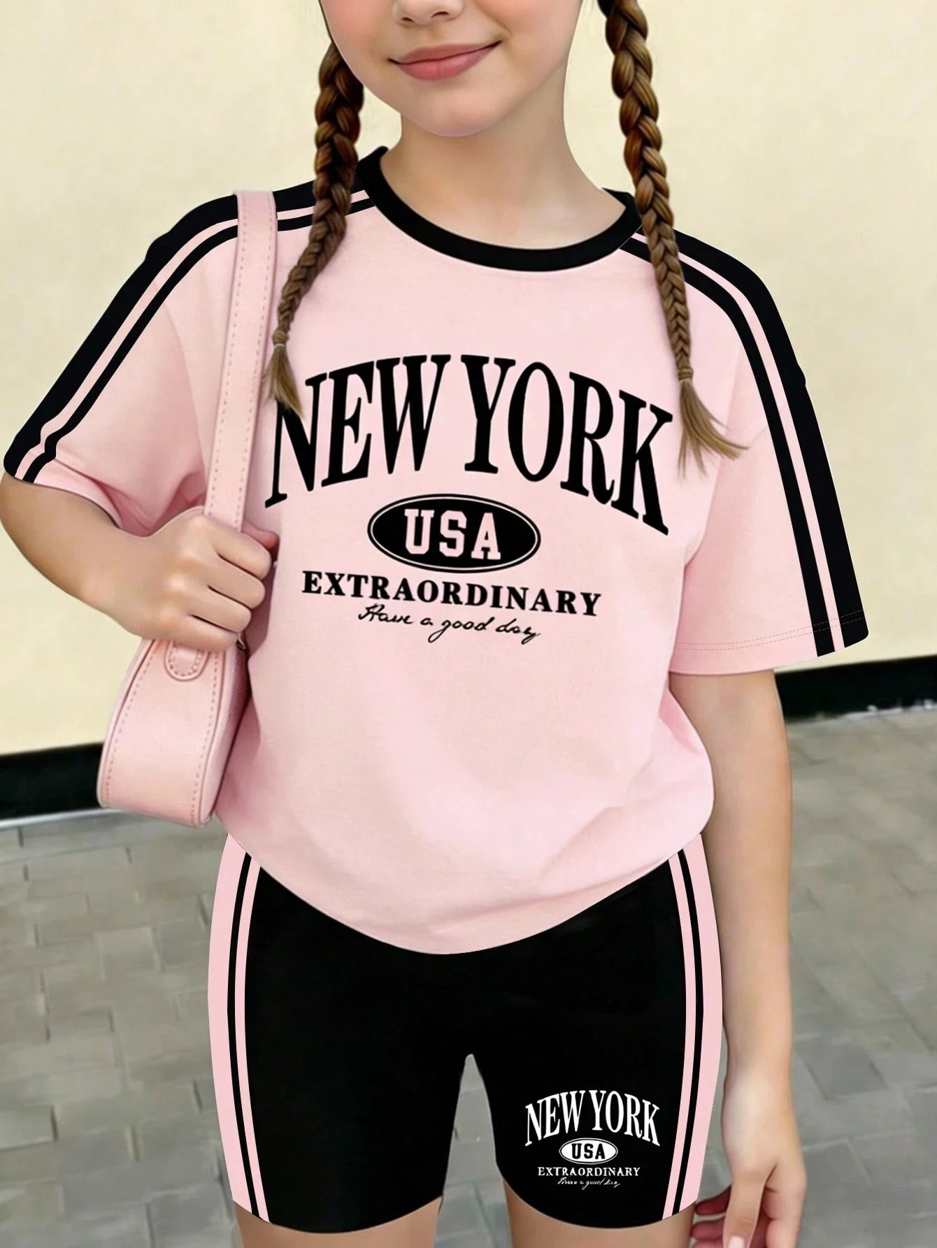 Children's Girl Light Pink Black Striped Round Neck T-shirt with New York Letter Print Matching Black Pink Side Striped Shorts