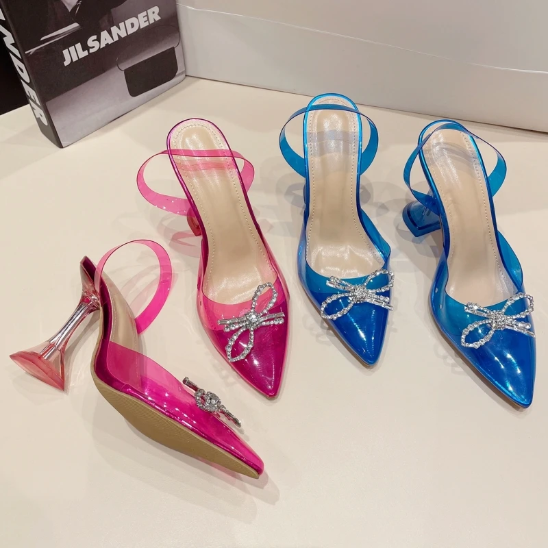 

New Summer Women's High-heeled Sandals Transparent Colorful Bow Rhinestones Pointed Wine Glass One-word Strap Back Empty Single