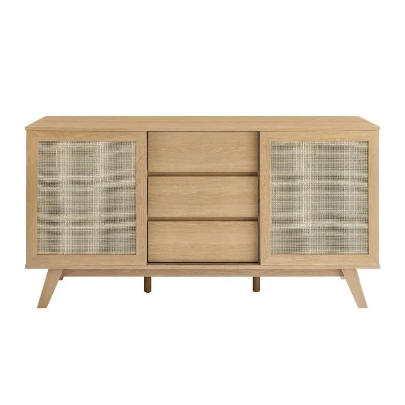 

Premium teak cabinets with hand-woven rattan sliding doors