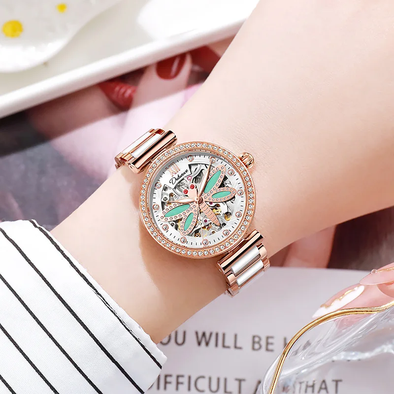 Fashion Automatic Mechanical Women\'s Watch Natural Shell Surface Creative Dragonfly Waterproof Design Ladies Mechanical Watch