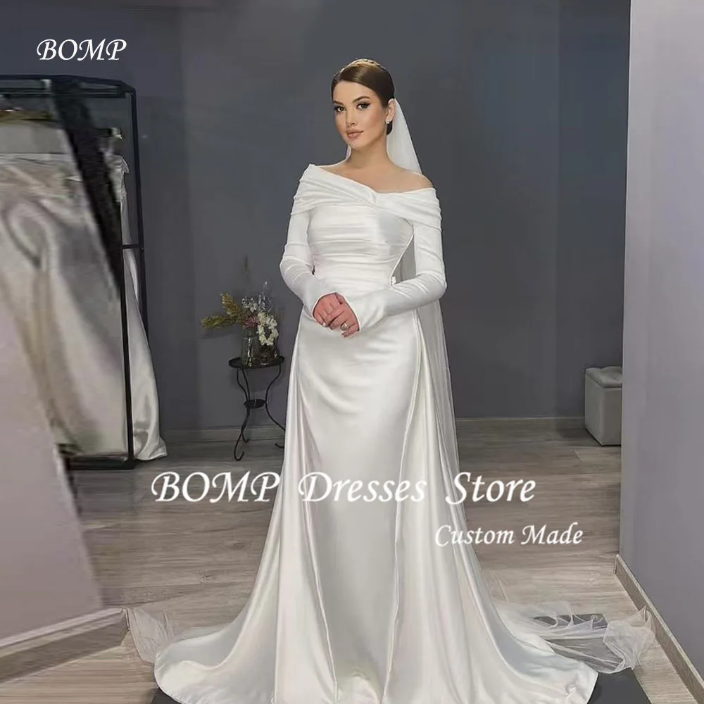 BOMP Abiti da sposa eleganti a sirena in raso spesso di seta con strascico staccabile maniche lunghe Dubai arabo abito da sposa personalizzato formale