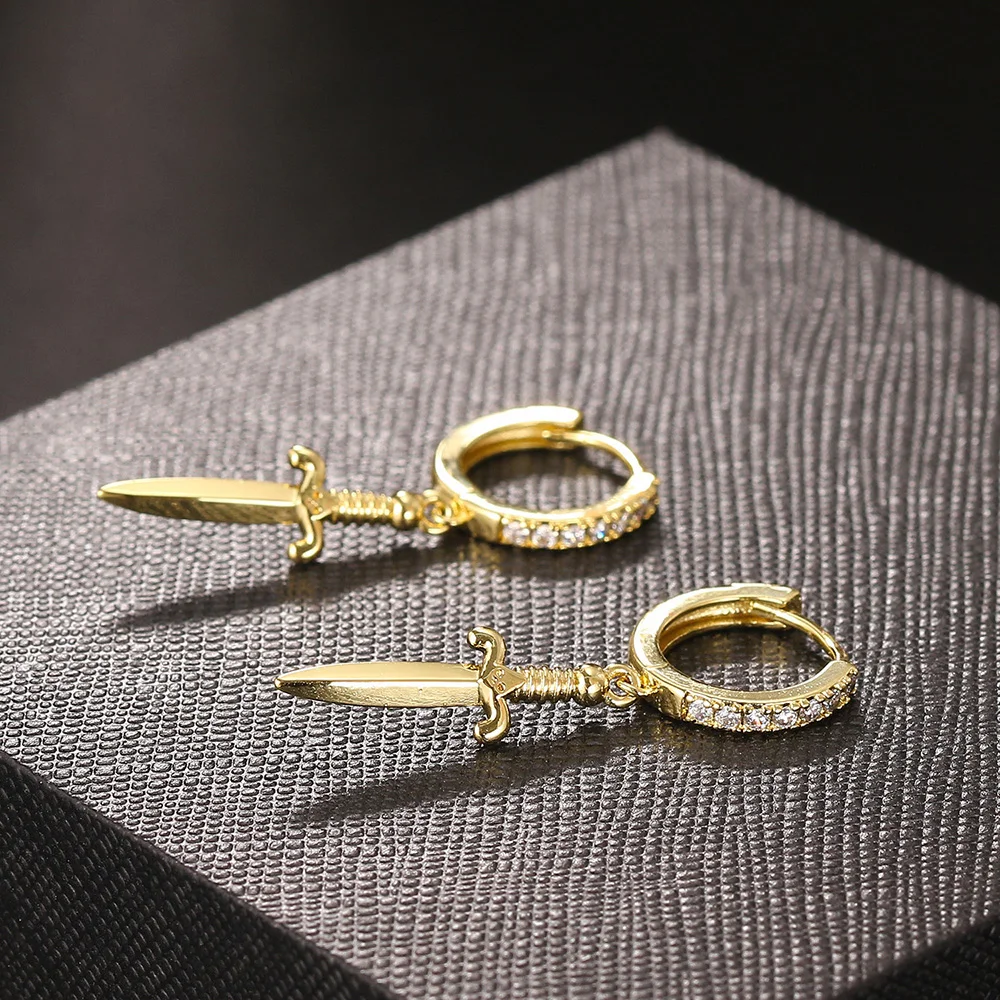 Sword Pendant Hoop Earrings for Women Punk Men Accessories Gold Color Crystal CZ Cartilage Dangle Ear Jewelry Wholesale KBE232