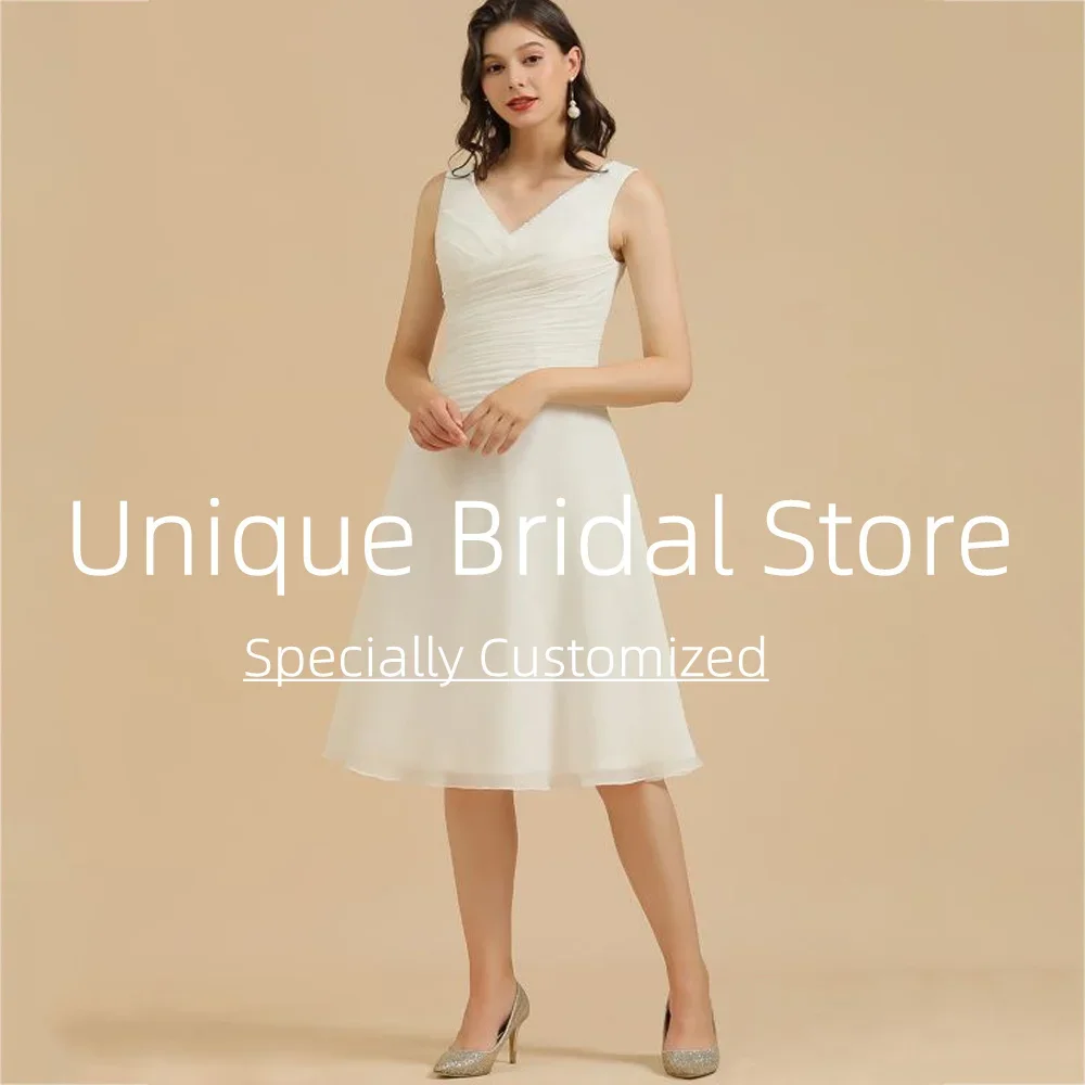 Op maat gemaakte klassieke trouwjurken Sexy V-hals Mouwloos Elegant A-lijn Open rug Hoge kwaliteit Chiffon Korte feestbruidsjurk