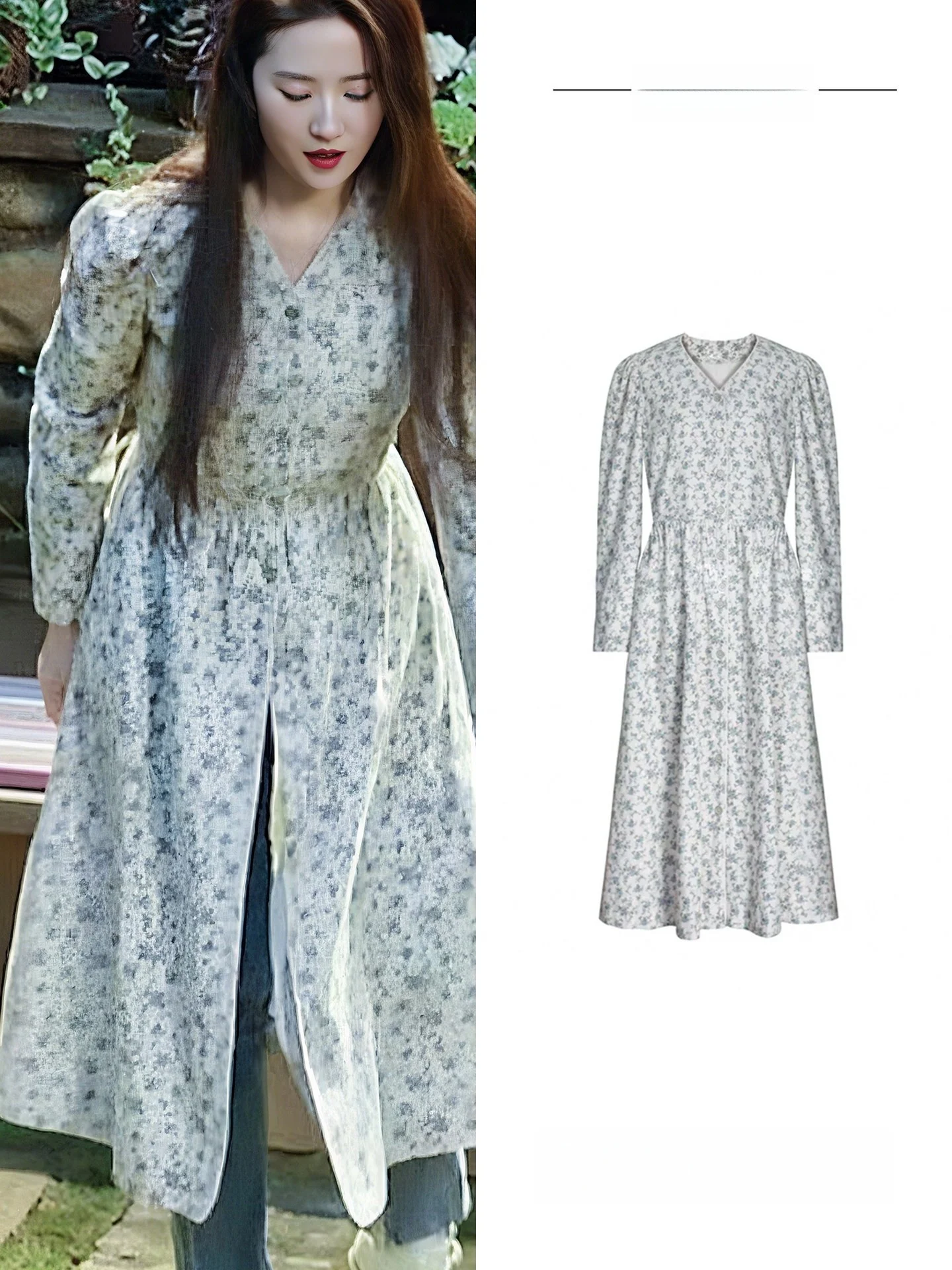 

Floral Print Long Sve V-Ne Dr Women's Vaion Gown French Sle Waist-Cinched A-Line Skirt Cotton Nylon Fabric