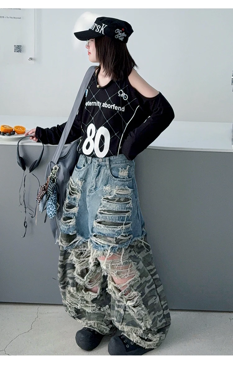 Sommer-Jeans für Teenager-Mädchen mit großen Löchern und Camouflage-Muster, Größe 4-14, Junior Hip-Hop Jazz Street Dance Kinderhose mit weitem Bein, Kinderhose – Detail 7