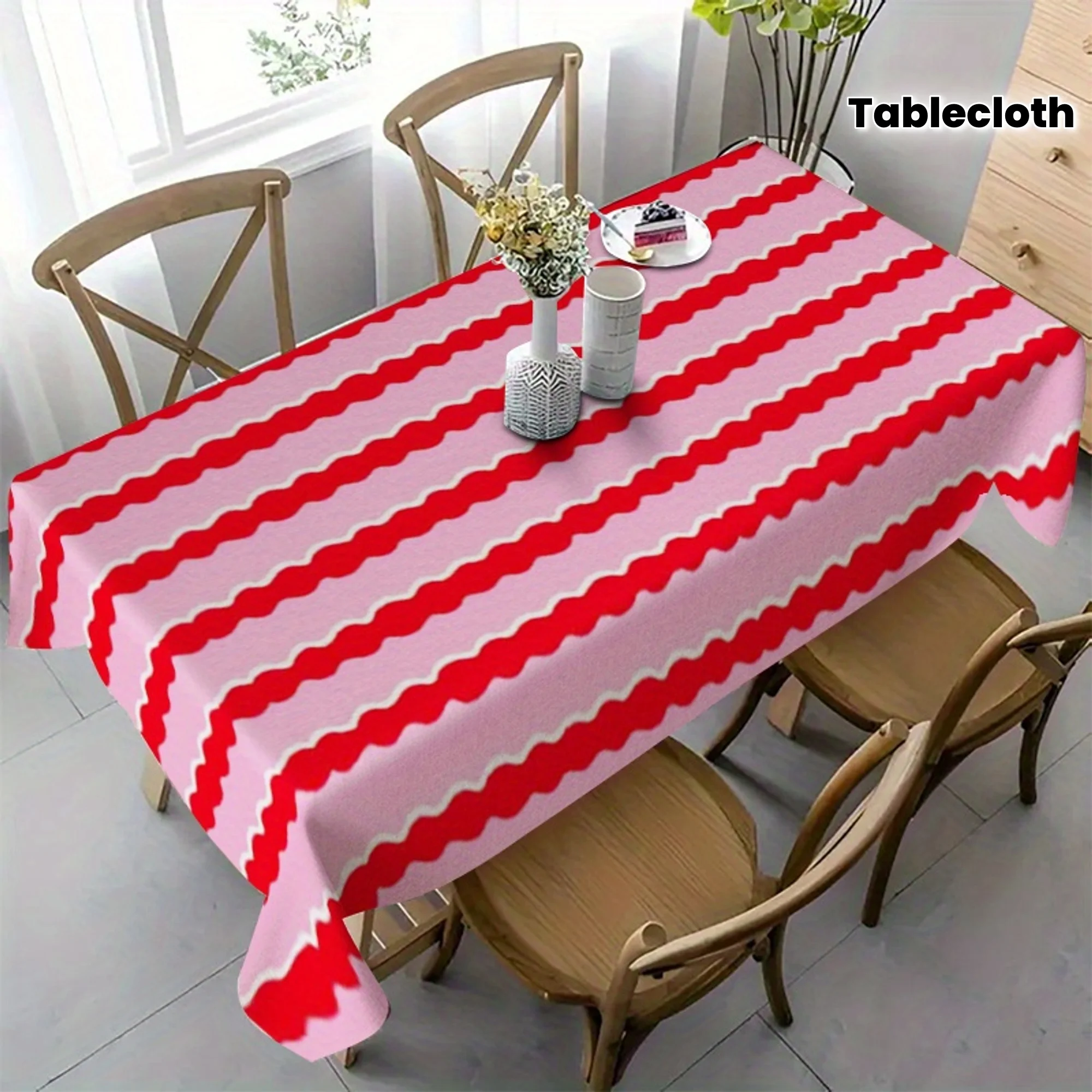 Toalha de mesa retangular listrada colorida, toalha de mesa de poliéster vermelha e rosa vibrante adequada para decoração de cozinha, 1 peça