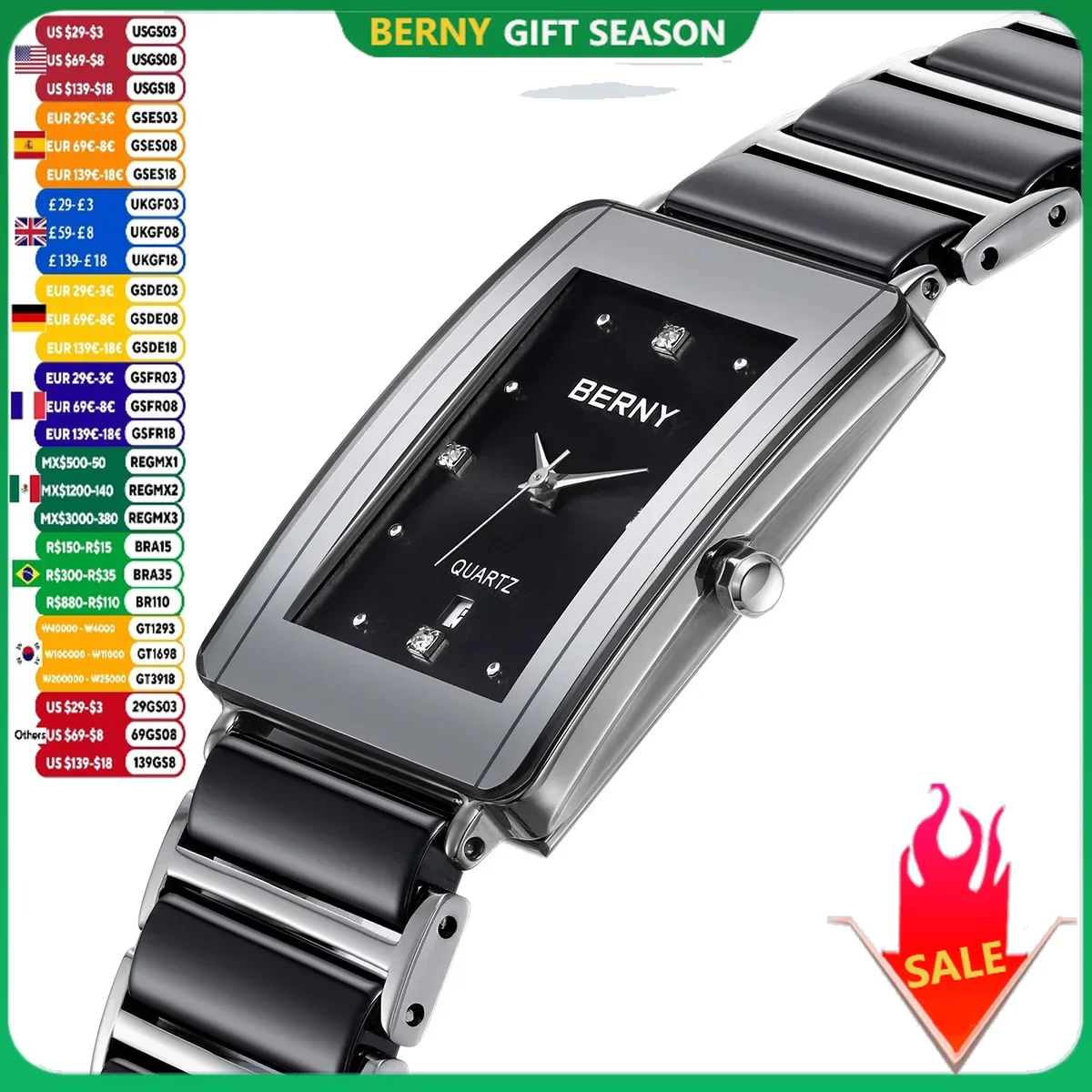 BERNY Cerâmica Relógios para Homens Calendário Casual Simples Retângulo Quartzo Masculino Relógio Vintage Luxo Diamante Vestido Masculino Relógio de Pulso