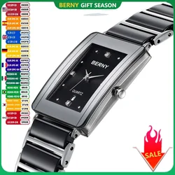 BERNY Ceramics Watches for Men Calendar Casual Simple Rectangle Quartz Male Watch Vintage Luxury Diamond Men‘s Dress Wristwatch