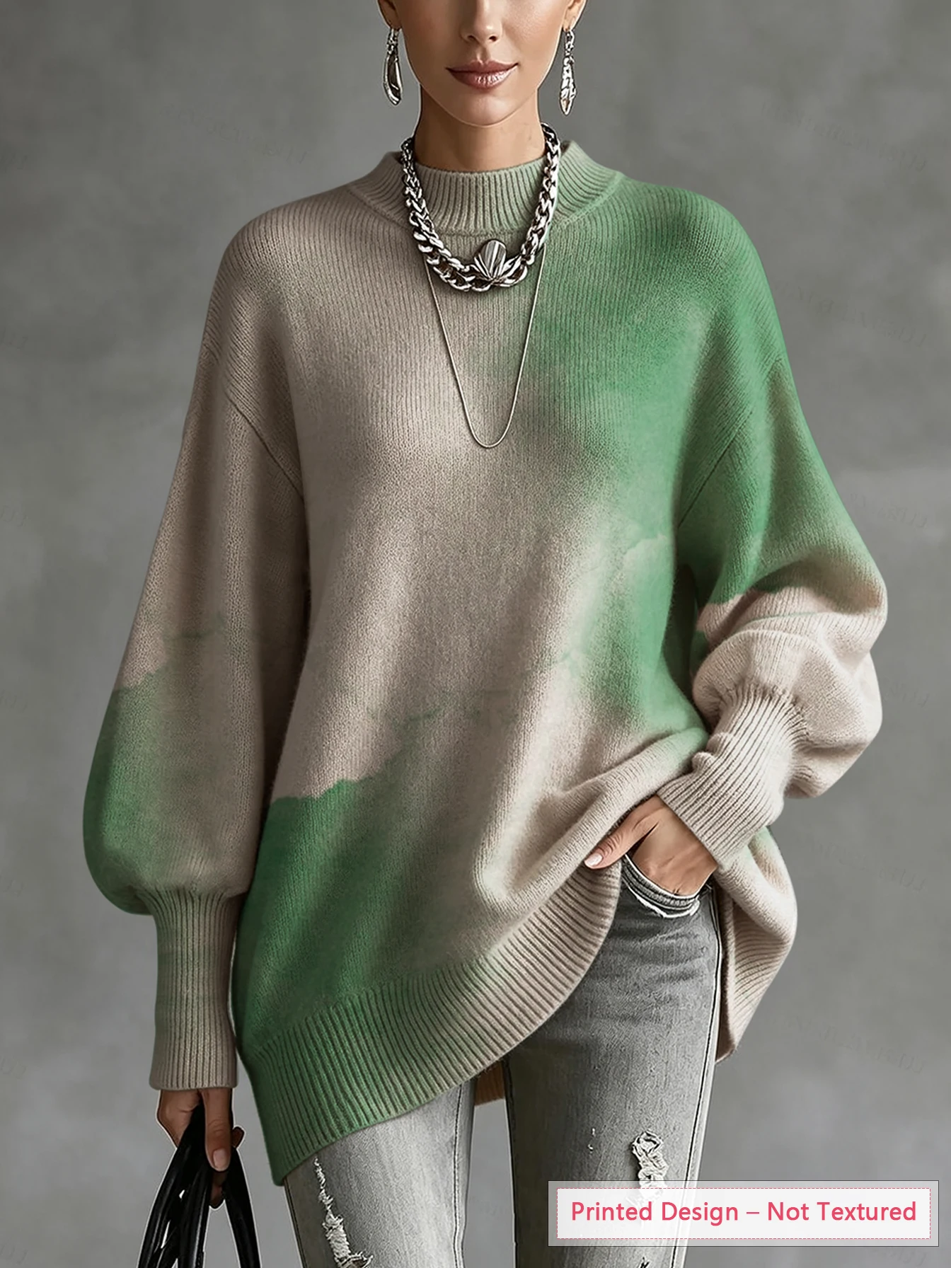 Women's Thin Sweater with Diagonal Hem and Lantern Sleeve Design, Suitable for Autumn and Winter Wear, Green Tie-Dye Color-Blocking Pattern Print