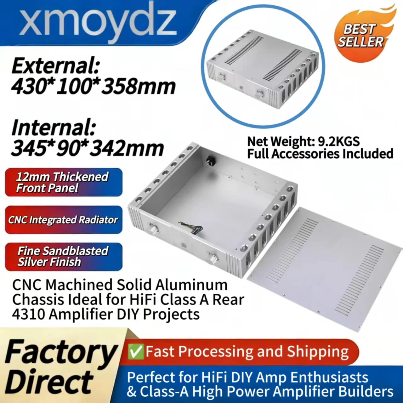 

Корпус для Hi-Fi усилителя DIY из алюминия, 430*100*358 мм, класс A, задняя панель 4310, обработанный, пескоструйная обработка, серебристый, внутренние размеры 345*90*342 мм