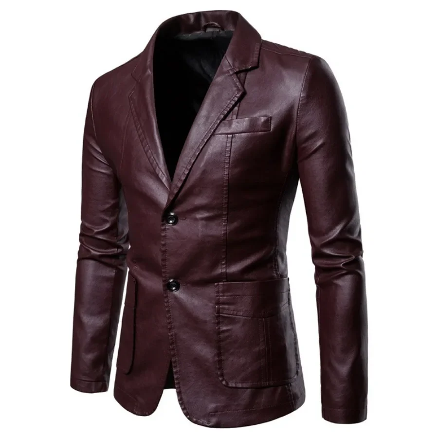 New 2024 Men's Leather Dress Suit Jacket Solid Formal Business Office Blazers Jacket Male PU Leather Blazers Jacket Men Clothing