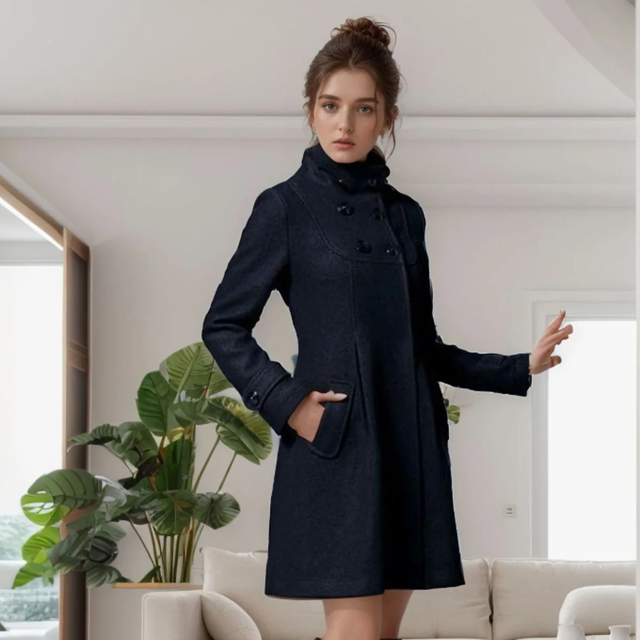 Long Sleeve Women's Woolen Coat with Hood and Double Breasted Buttons