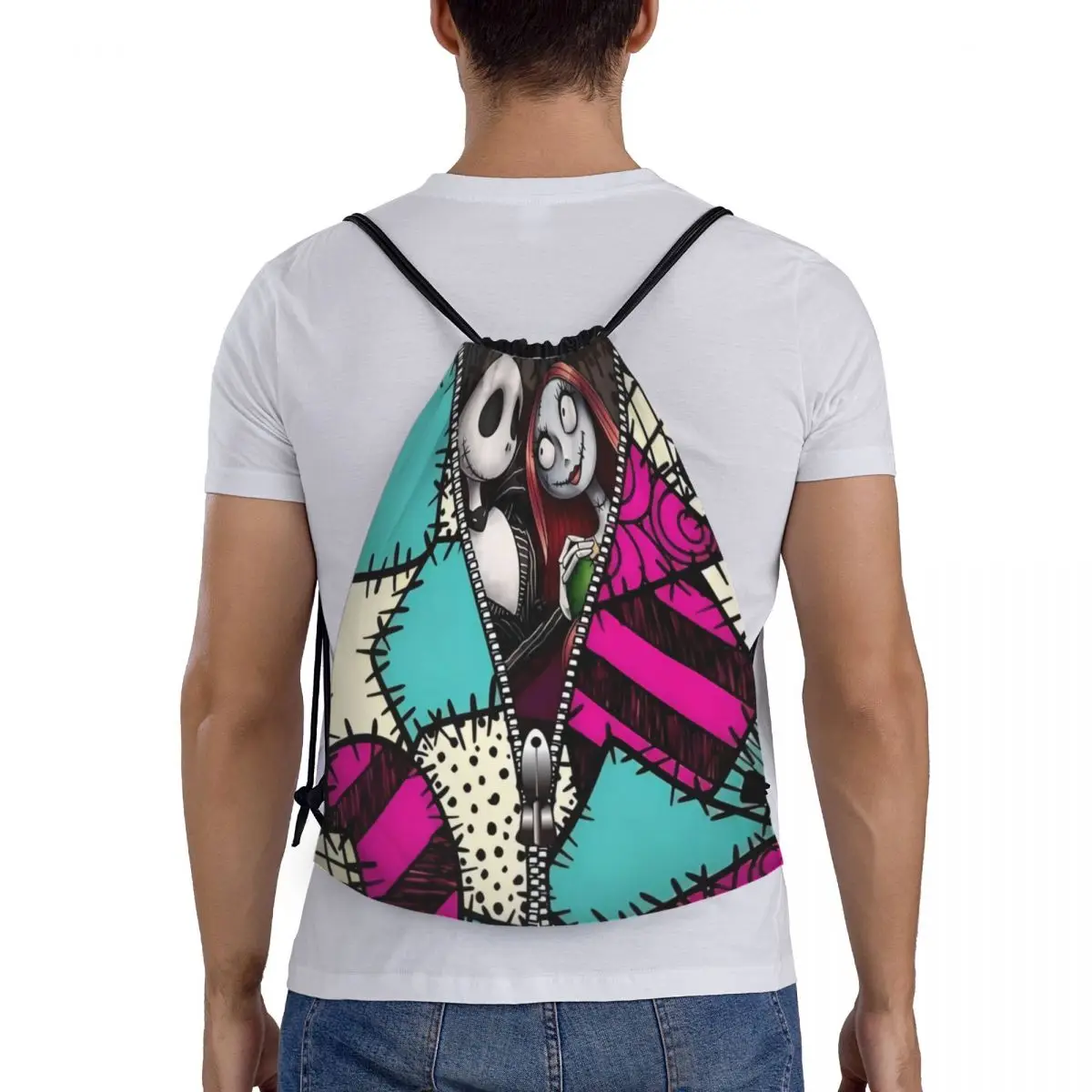 Mochila con cordón de dibujos animados para hombre y mujer, bolso de almacenamiento deportivo ligero con diseño personalizado de Jack Skellington para Halloween y gimnasio