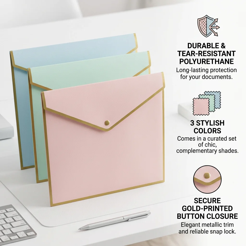 2026 New Pastel Gold Trim Envelope Style File Folder Snap Button Closure A4 Plastic Document Pouch Cute Portfolio Organizer For School Office Paper Storage