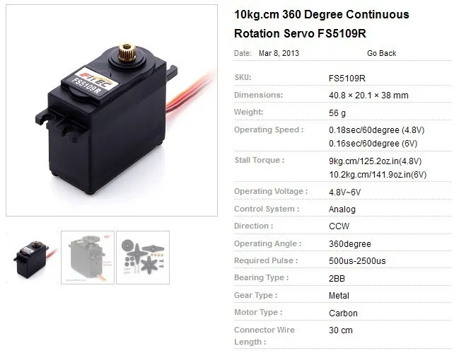 Servomotor de robot estándar FS5109R de 360 grados, rodamiento de bolas de rotación continua de 9kg, certificado RoHS, unisex, para juguetes de radiocontrol