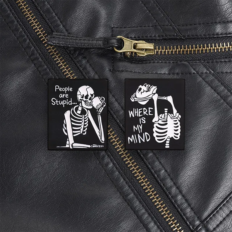 Skull Tea People Are Stupid Enamel Pin, Dark Sarcastic Brooch With Square Frame For Alt Fashion And Halloween Outfit Accessory