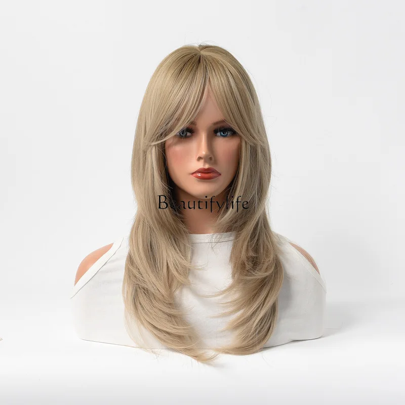 

Female fluffy long bangs blond wig white medium and long inner buckle chemical fiber headgear